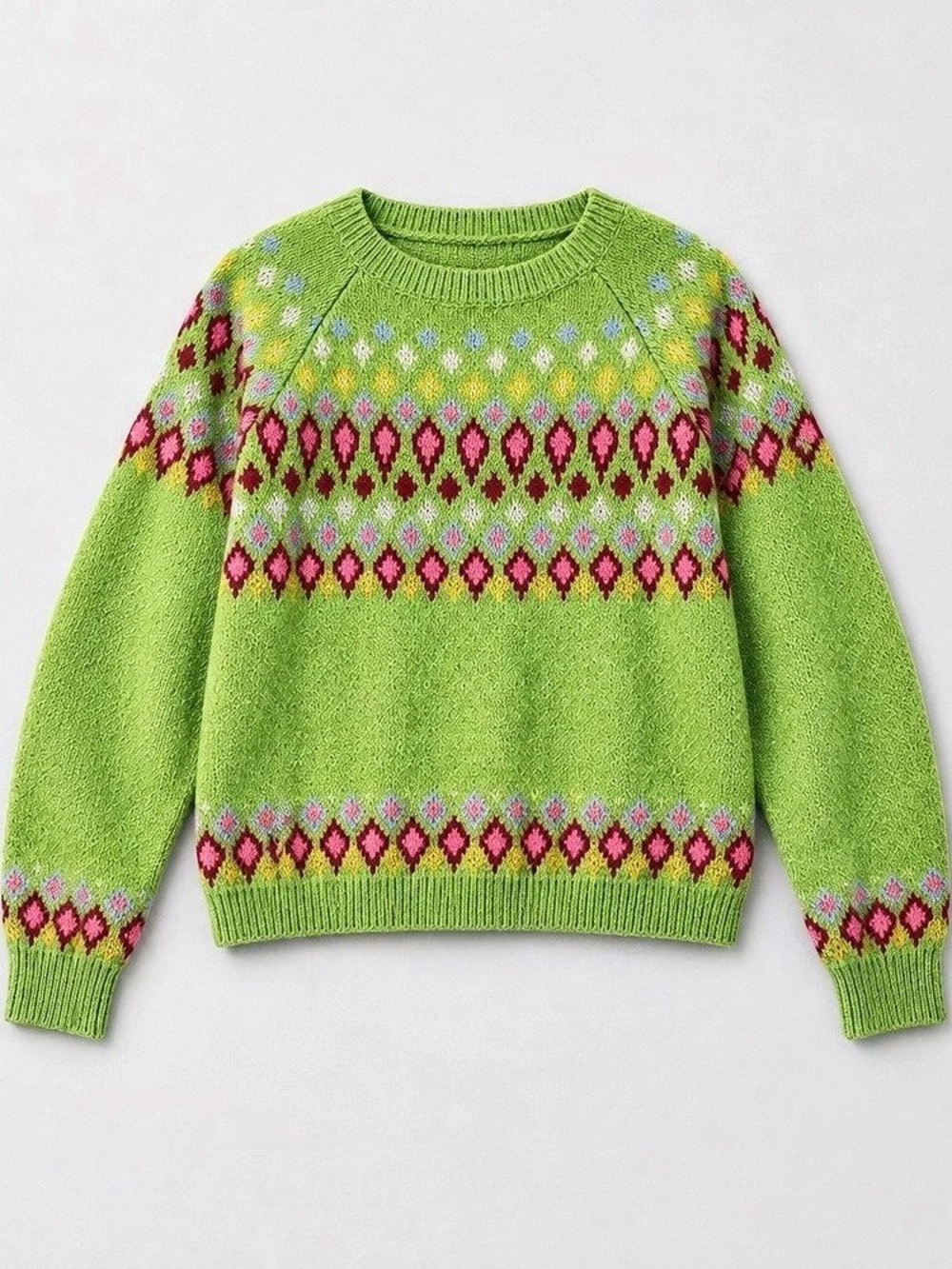 Boden Fair Isle Crew Neck Jumper Green Geometric Sweater Size Large